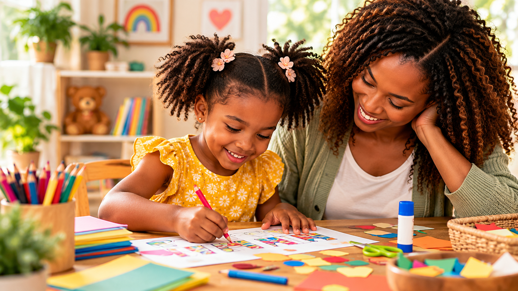 Parent and child doing a creative learning activity together at home