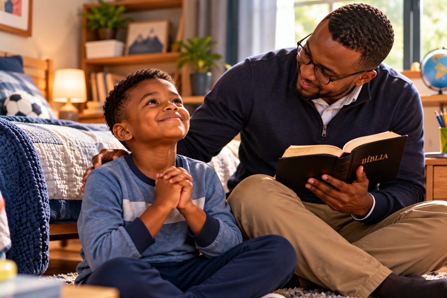 Father encouraging his son with the Bible, illustrating faith, encouragement and growing self-esteem