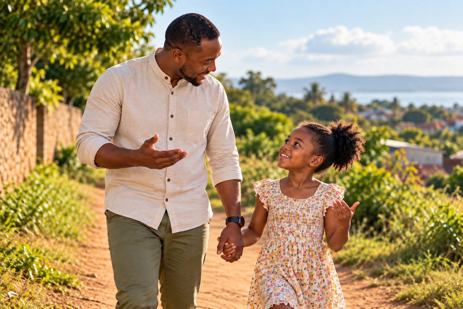 Father and daughter walking outdoors together and talking, illustrating parental presence and connection