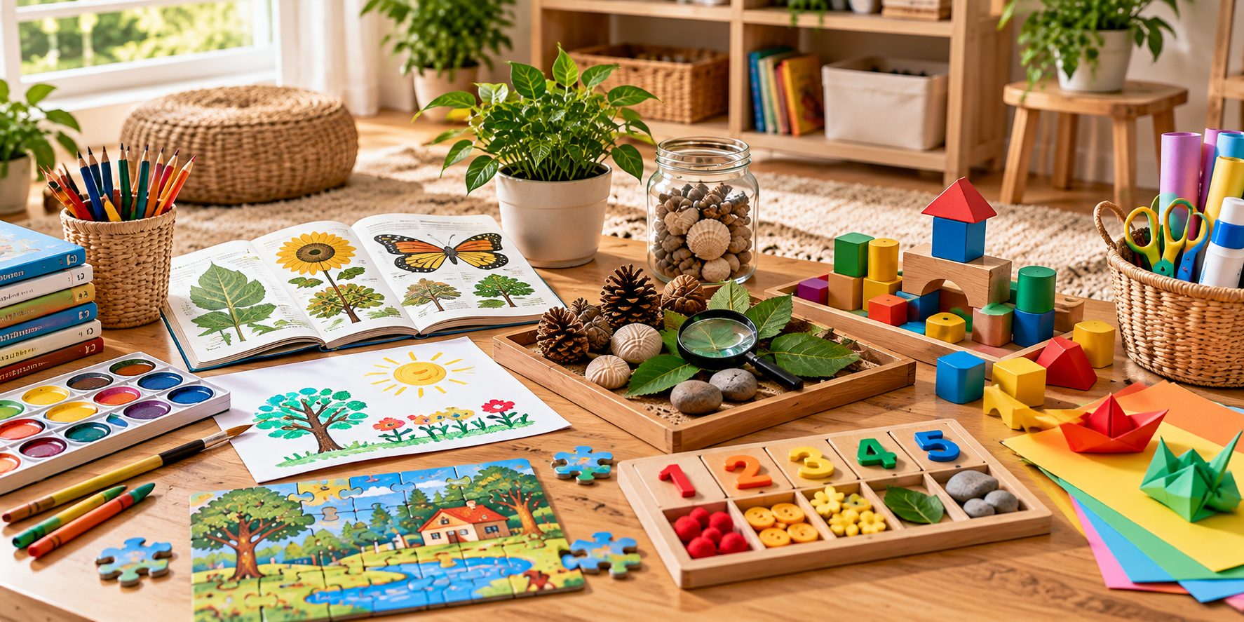 Diversas atividades de aprendizagem sem ecrã para crianças, incluindo leitura, arte, matemática, puzzles, construção e exploração da natureza